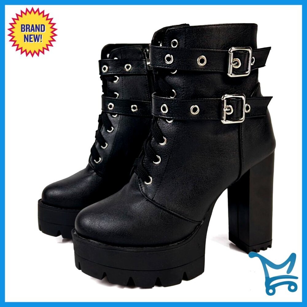Chunky Heel Platform Ankle Boots with Lace Up and Side Zipper